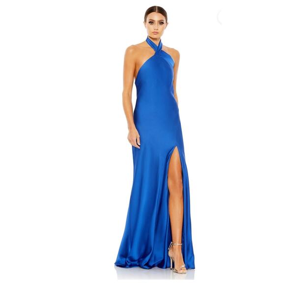 Mac Duggal NEW Size 14 26925 Cobalt Blue Asymmetrical Crisscross Halter Gown - Picture 1 of 7